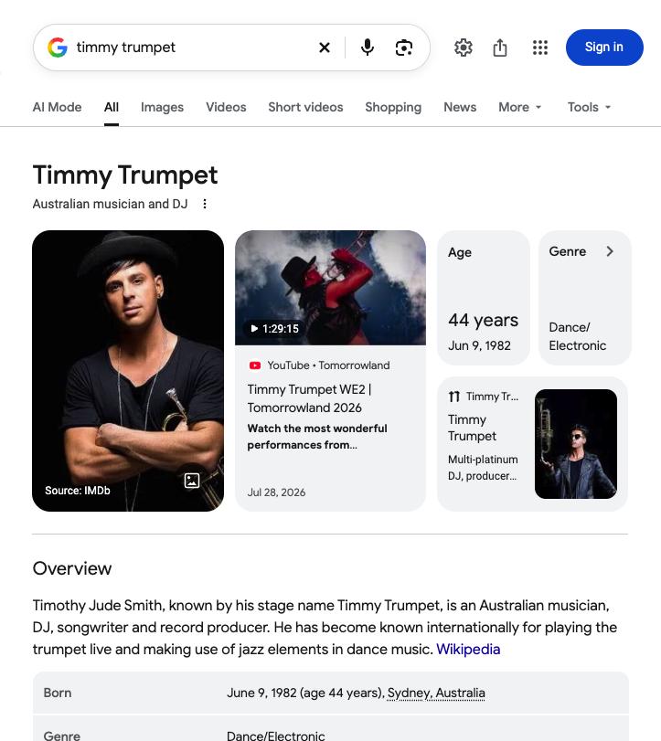 Google results for Timmy Trumpet showing a knowledge panel