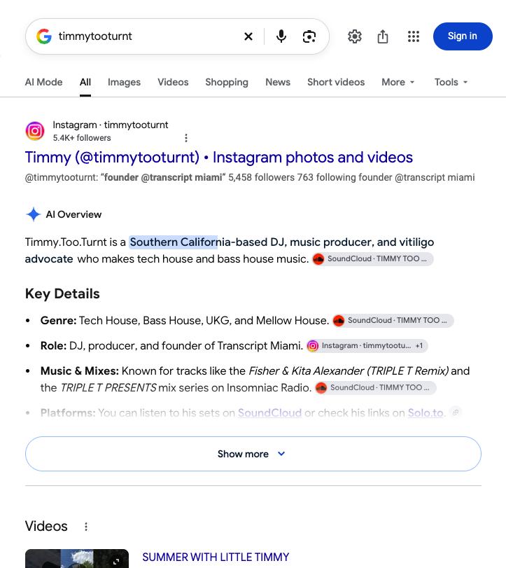 Google results for timmytooturnt showing no knowledge panel